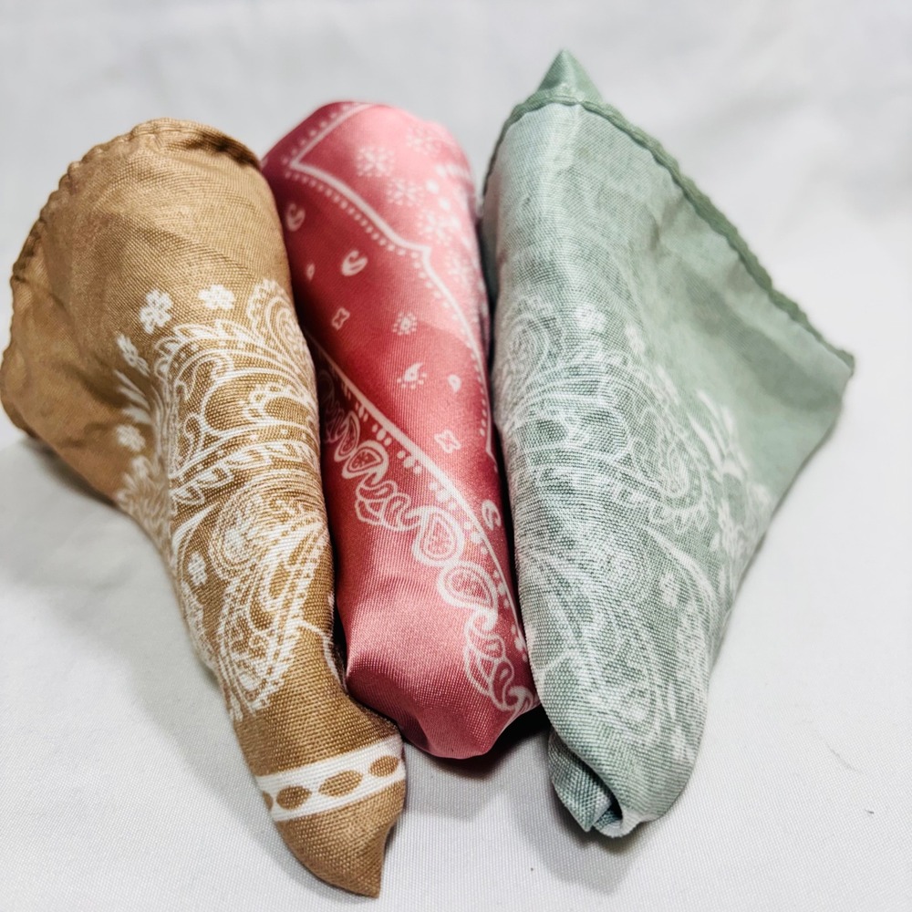 3pc Paisley Bandana Scarf Set Sage Green Pink Tan Boho Hair Neck Accessory - Picture 7 of 9
